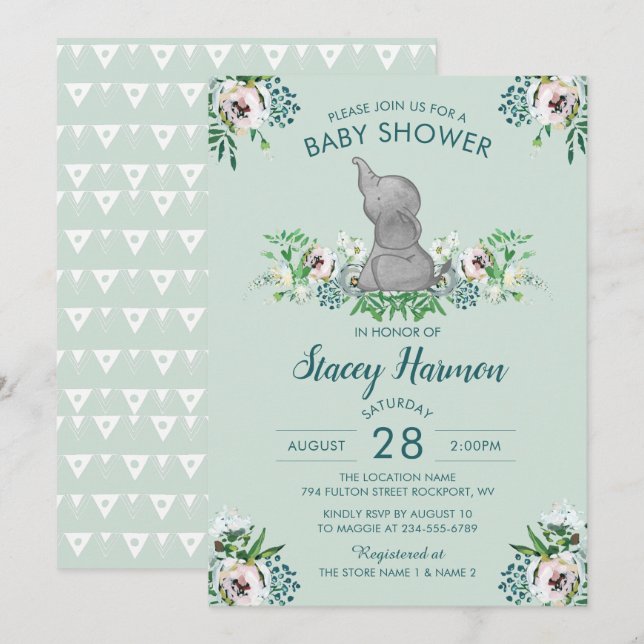Elephant Baby Shower Einladung Mint Green Floral (Vorne/Hinten)