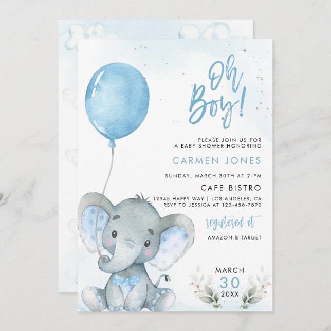 Elephant Baby Shower Einladung mit Blue Balloon (Vorne/Hinten)