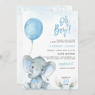 Elephant Baby Shower Einladung mit Blue Balloon