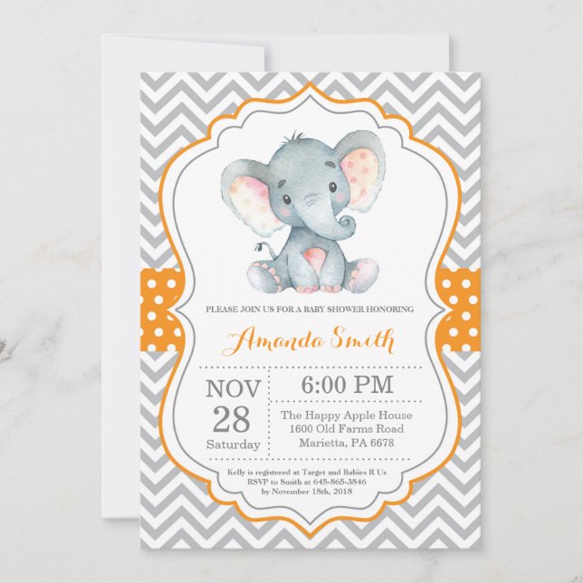Elephant Baby Shower Einladung Orange und Grau (Vorderseite)