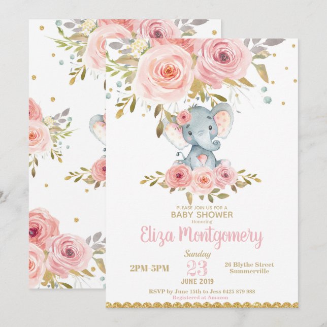 Elephant Baby Shower Einladung Pink Floral Girl (Vorne/Hinten)