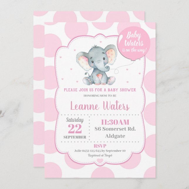 Elephant Baby Shower Einladung Pink Girl (Vorne/Hinten)