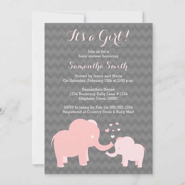 Elephant Baby Shower Einladung Rosa und Grau (Vorderseite)