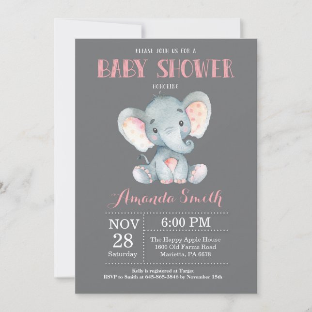 Elephant Baby Shower Einladung Rosa und Grau (Vorderseite)