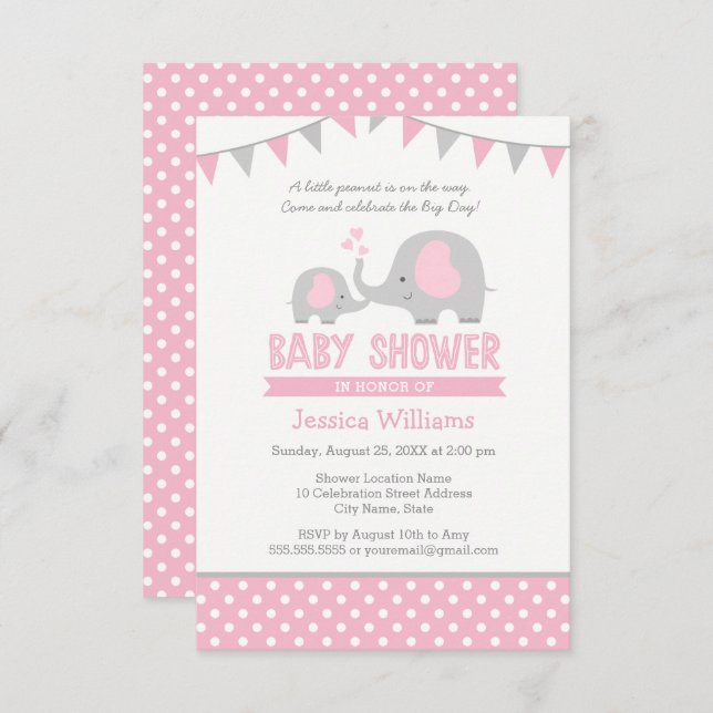 Elephant Baby Shower Einladung Rosa und Grau (Vorne/Hinten)
