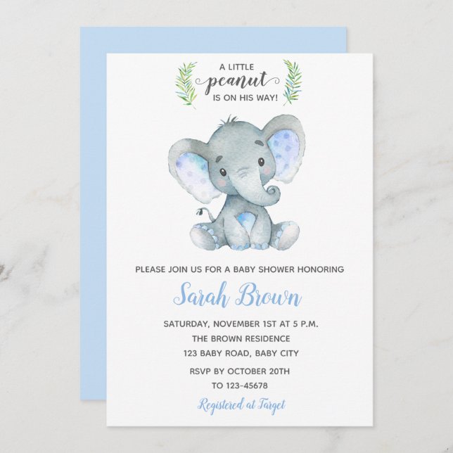 Elephant Baby Shower Einladungen Boy Little Peanut (Vorne/Hinten)