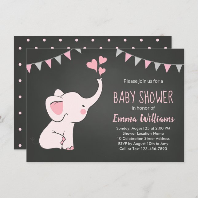 Elephant Baby Shower Einladungen für ein Mädchen (Vorne/Hinten)