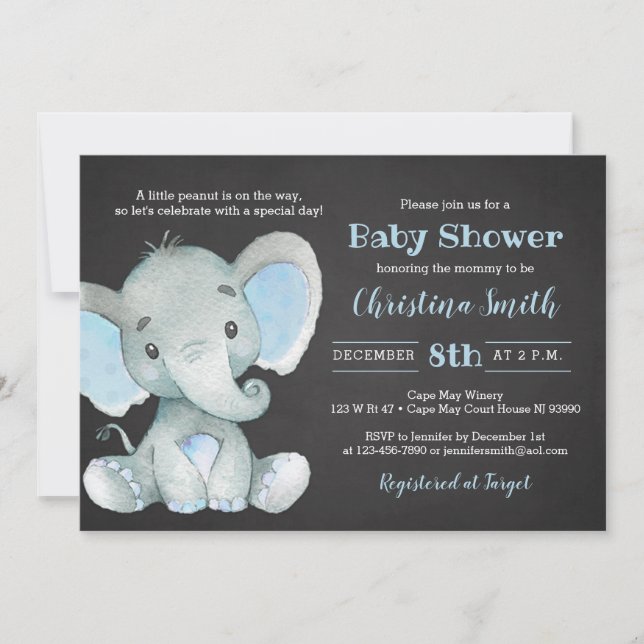 Elephant Baby Shower Einladungen für einen Jungen (Vorderseite)