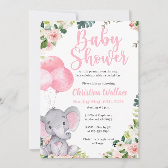 Elephant Baby Shower Einladungen für Mädchen (Vorderseite)
