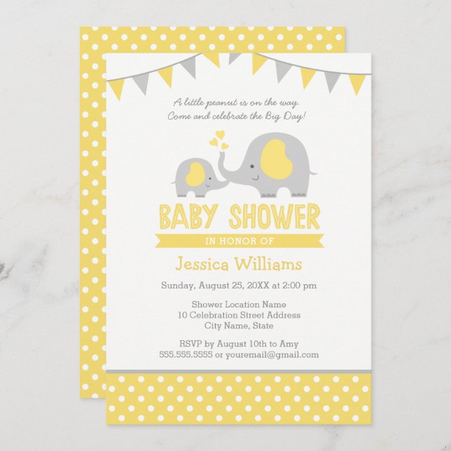 Elephant Baby Shower Einladungen | Gelb und Grau (Vorne/Hinten)