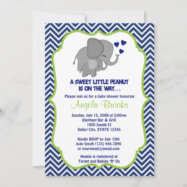 Elephant Baby Shower Einladungen Navy Zickzack (Vorderseite)