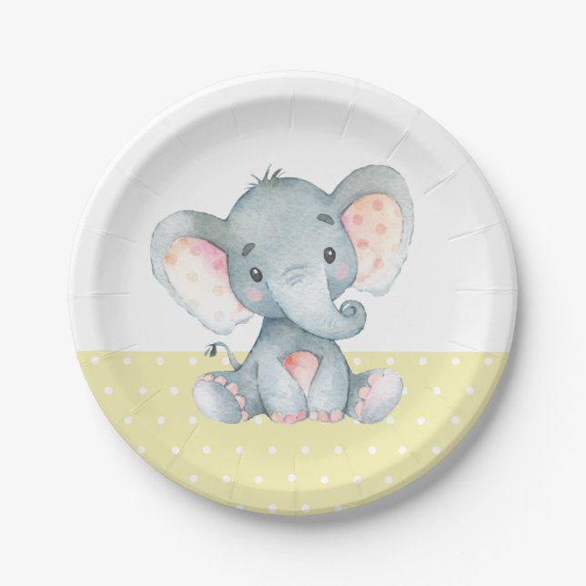 Elephant Baby Shower Gelb Paper Plate Pappteller (Vorderseite)