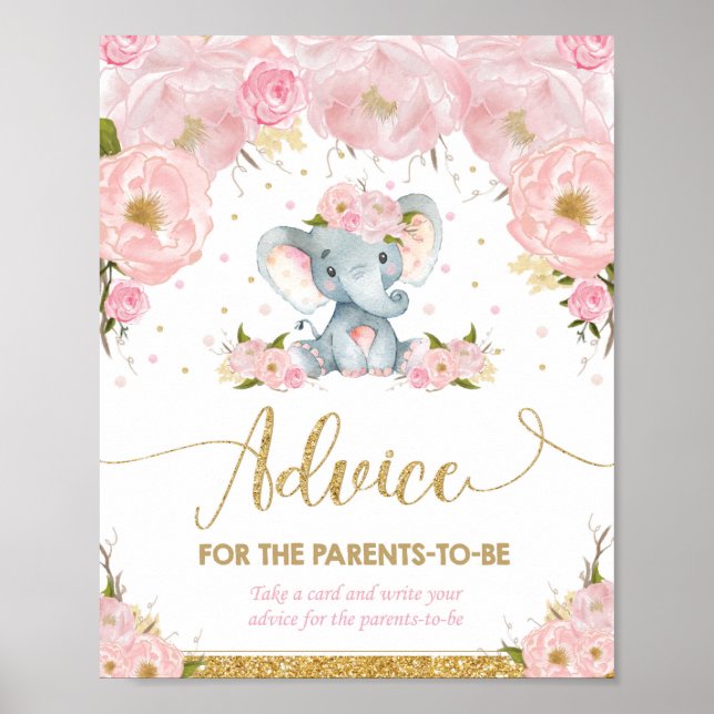 Elephant Baby Shower Girl Advice für Eltern zu sei Poster (Vorne)
