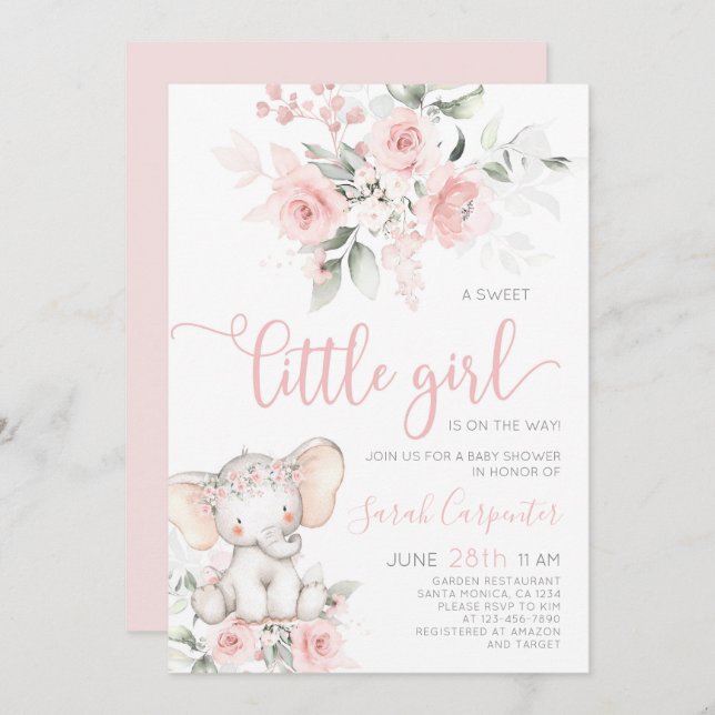 Elephant Baby Shower Girl Einladung (Vorne/Hinten)