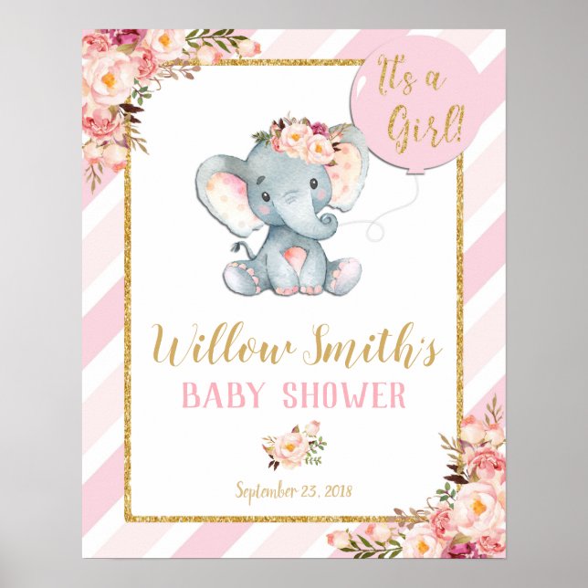 Elephant Baby Shower Girl Pink Begrüßungszeichen Poster (Vorne)