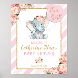 Elephant Baby Shower Girl Pink Begrüßungszeichen Poster