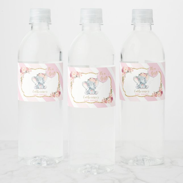 Elephant Baby Shower Girl Pink Wasserflasche Etike Wasserflaschenetikett (Flaschen)