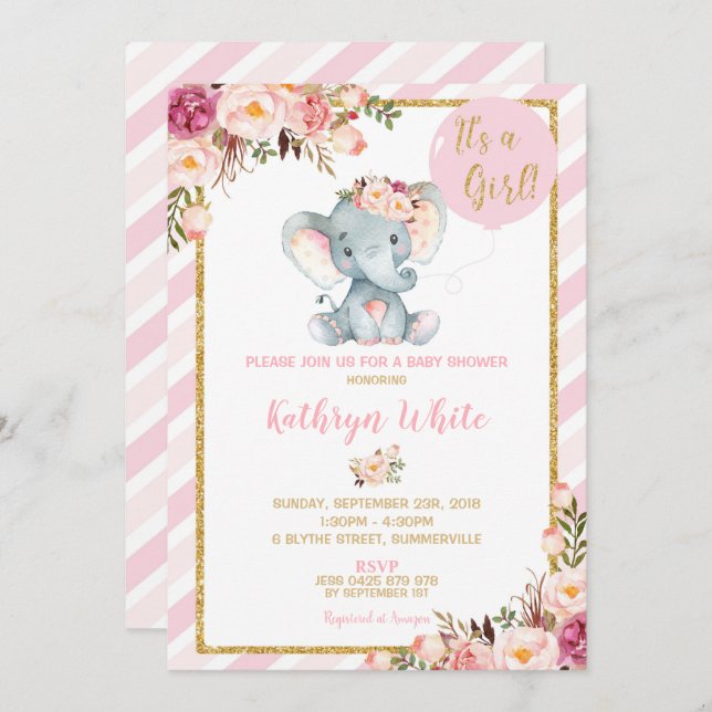 Elephant Baby Shower Invasion Girl Stripes Einladung (Vorne/Hinten)