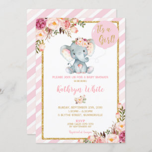 Elephant Baby Shower Invasion Girl Stripes Einladung