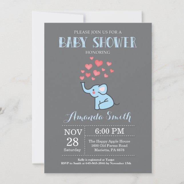 Elephant Baby Shower Invitation Blue and Gray Boy Einladung (Vorderseite)