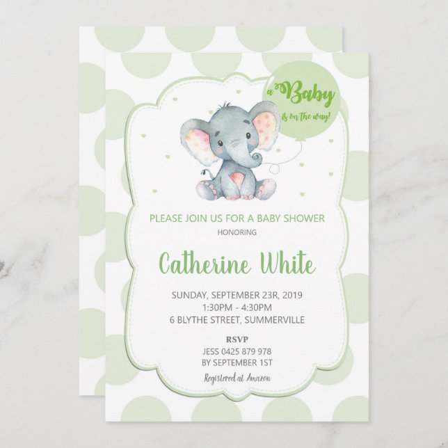 Elephant Baby Shower Invitation Gender Neutral Einladung (Vorne/Hinten)