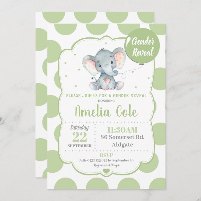 Elephant Baby Shower Invitation Gender Reveal Einladung (Vorne/Hinten)