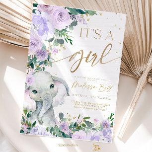 Elephant Baby Shower Invitation Girl, Safari Purpl Einladung