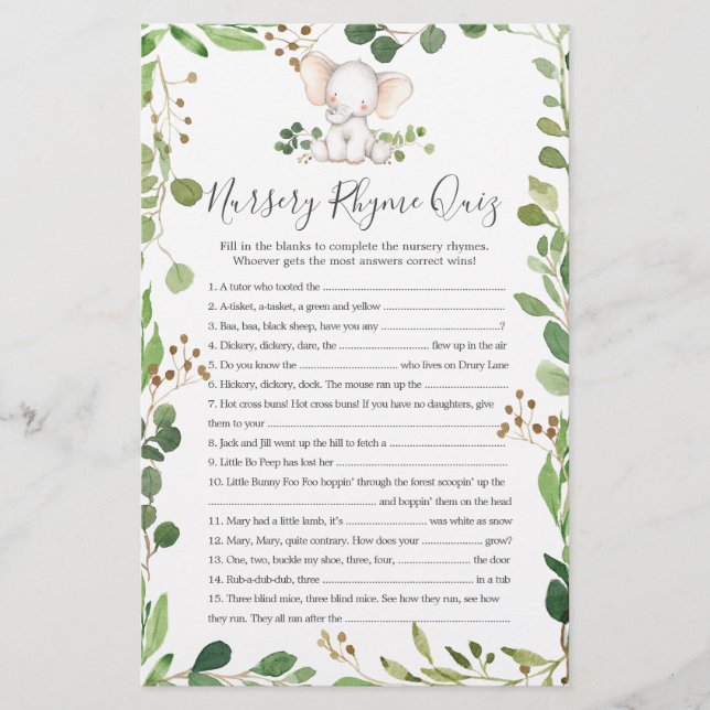 Elephant Baby Shower Kinderzimmer Rhyme Quiz Game (Vorderseite)