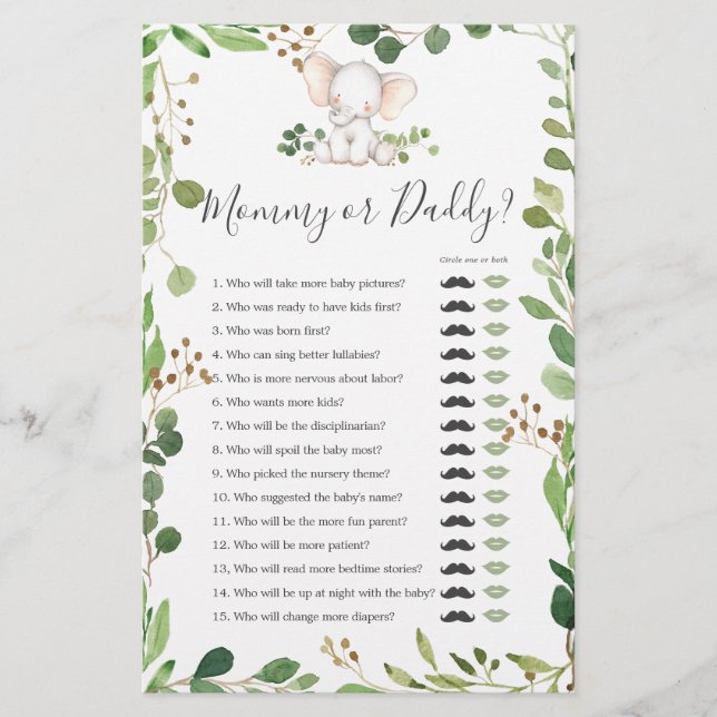 Elephant Baby Shower Mommy oder Daddy Game (Vorderseite)