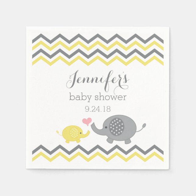 Elephant Baby Shower Napkins Gelb Grau Zickzack Serviette (Vorderseite)