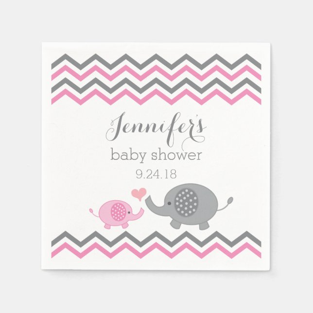Elephant Baby Shower Napkins Pink Grau Zickzack Serviette (Vorderseite)