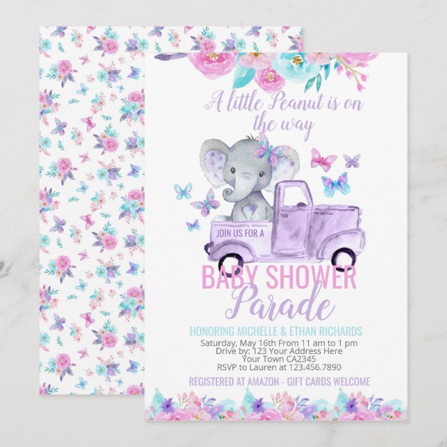 Elephant Baby Shower Parade Einladung (Vorne/Hinten)