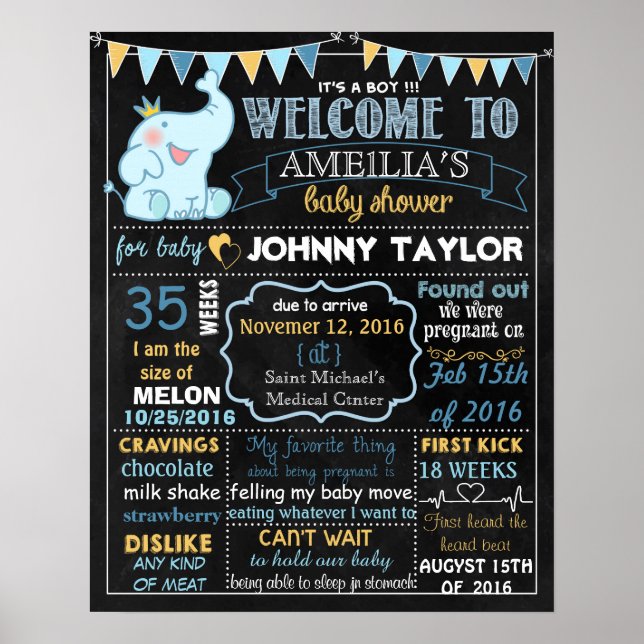 Elephant Baby Shower Party Chalkboard Schild Boy (Vorne)
