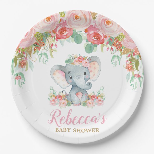 Elephant Baby Shower Pink Blush Floral Baby Girl Pappteller (Vorderseite)