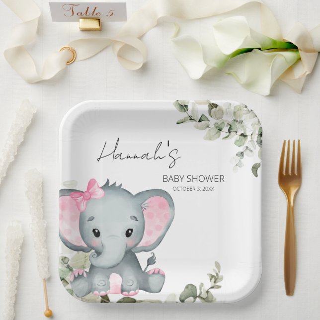 Elephant Baby Shower Pink Girl's Pappteller (Hochzeit)