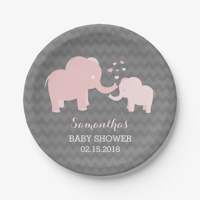 Elephant Baby Shower Pink und Grau Paper Teller (Vorderseite)
