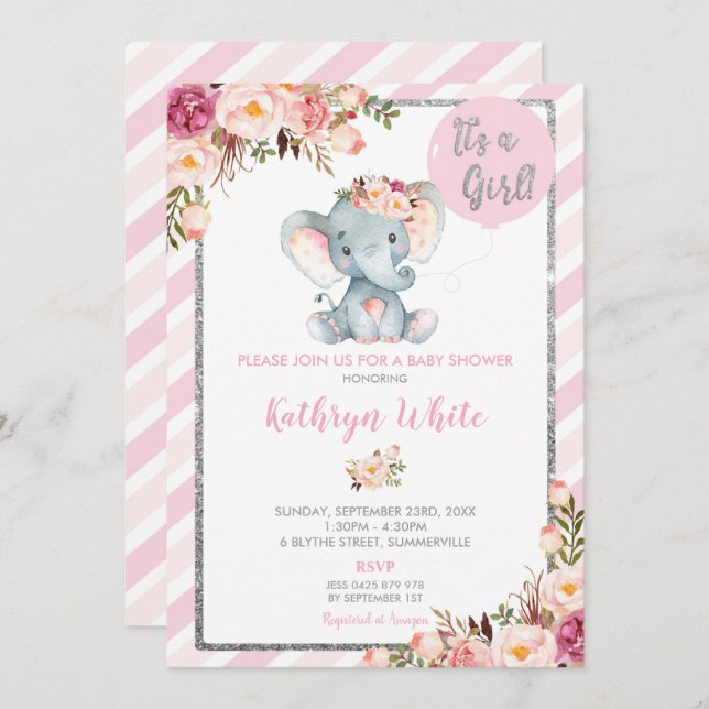 Elephant Baby Shower Pink und Silver Einladung (Vorne/Hinten)