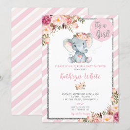 Elephant Baby Shower Pink und Silver Einladung
