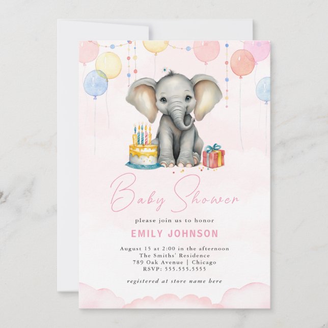 Elephant Baby Shower Rosa Einladung (Vorderseite)