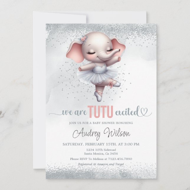 Elephant Baby Shower Silver und Pink Tutu Dress Einladung (Vorderseite)