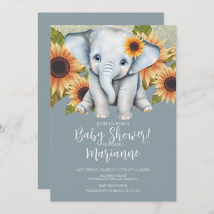 Elephant Baby Shower Sonnenblume Glitzer Dusty Blu Einladung