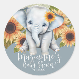 Elephant Baby Shower Sonnenblume Glitzer Dusty Blu Runder Aufkleber