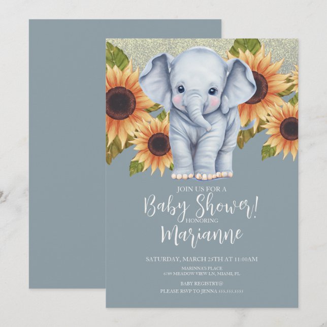 Elephant Baby Shower Sonnenblumen Glitzer Dusty Bl Einladung (Vorne/Hinten)
