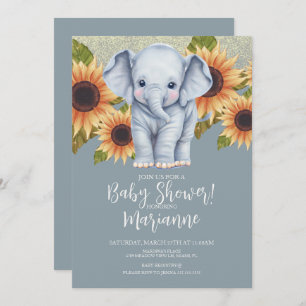 Elephant Baby Shower Sonnenblumen Glitzer Dusty Bl Einladung