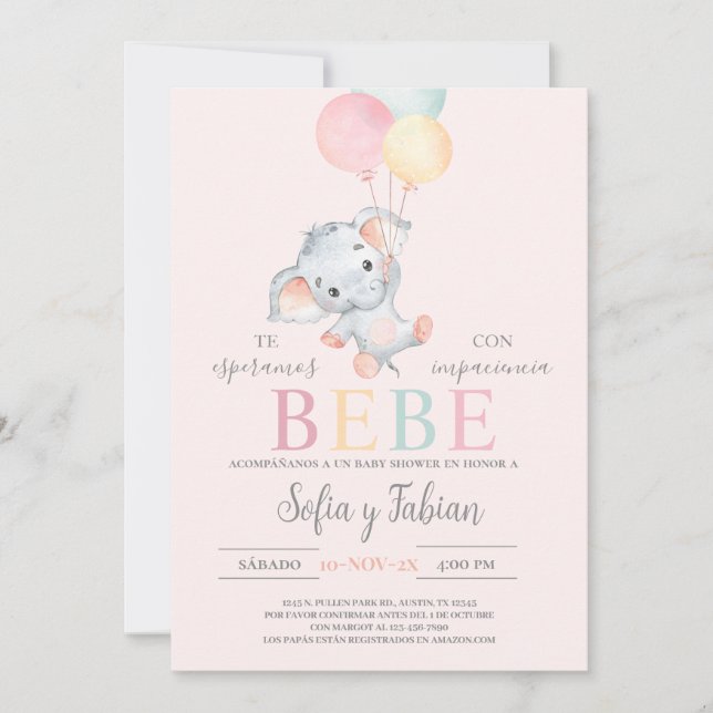 Elephant Baby Shower Spanische Einladung (Vorderseite)