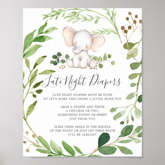Elephant Baby Shower Spate Night Diapers signieren Poster (Vorne)