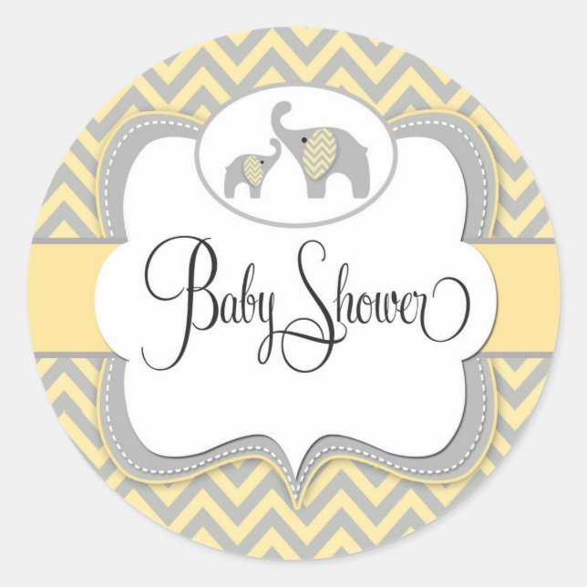 Elephant Baby Shower Sticker in Gelb Zickzack (Vorderseite)