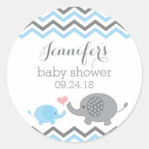 Elephant Baby Shower Stickers   Blauer Grau Zickza