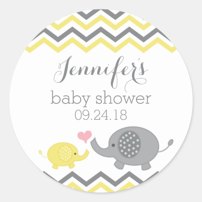 Elephant Baby Shower Stickers Gelb Grau Zickzack (Vorderseite)