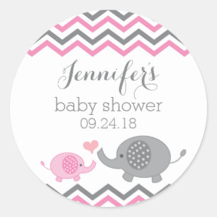 Elephant Baby Shower Stickers   Rosa Grau Zickzack